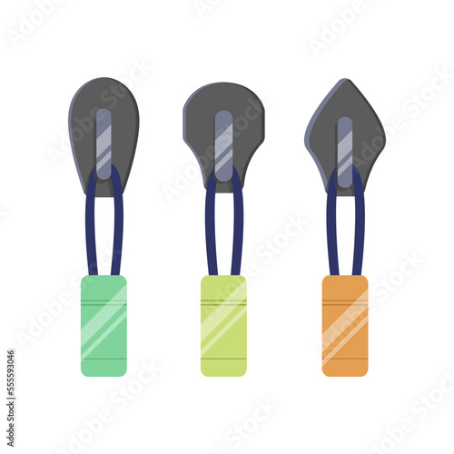 Modern black and colorful zip sliders for clothes cartoon illustration. Zipper pullers with tassels for sportswear or leather backpacks. Fashion, metal accessories concept