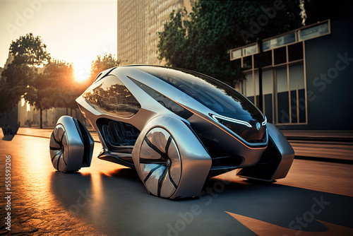  The car of the future on futuristic city street background. Digital artwork © Katynn