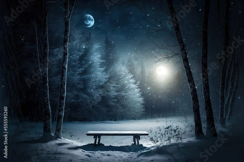 Lonely bench covered with snow in winter forest at night. Mysterious winter landscape. Digital art	
