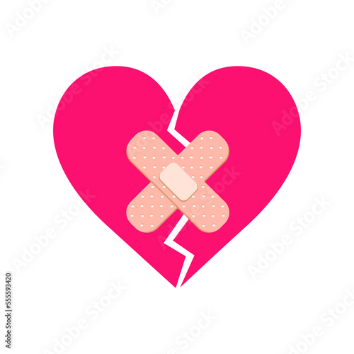 Broken pink comic heart with band aids flat vector illustration. Cartoon drawing of cracked heart with bandages on white background. Love, breakup, emotions concept