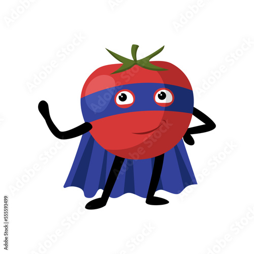 Cute superhero tomato character cartoon illustration. Cartoon drawing of comic vegetable with purple mask and cape with comic isolated on white background. Healthy food concept