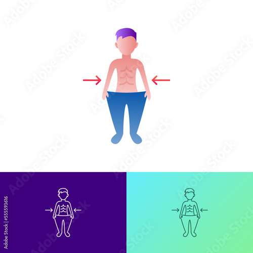 Weight loss after disease flat gradient icon. Lean man in big trousers. Long covid. Vector illustration.