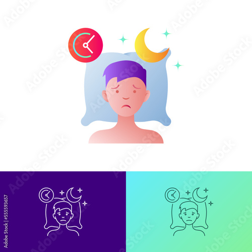 Insomnia: tired man lying on pillow, sleepless, depression, stress. Flat gradient icon. Vector illustration.