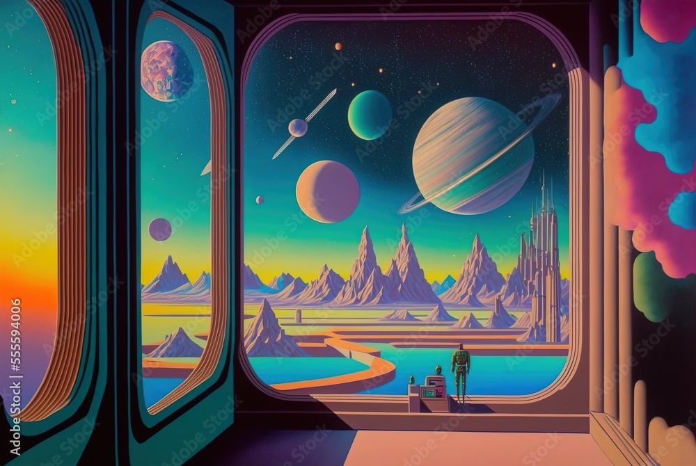 Marvelous futuristic interior studio room with large window view outside of space and alien planets. Colorful retro stylized.