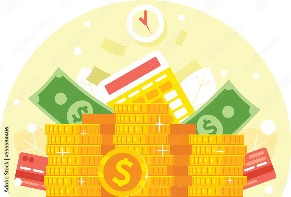 Stacks of gold coins and dollar banknotes. Capital accumulation concept. Vector graphics