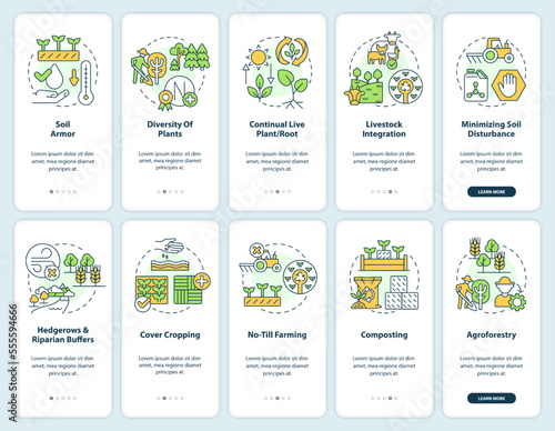 Regenerative agriculture onboarding mobile app screens set. Walkthrough 5 steps editable graphic instructions with linear concepts. UI, UX, GUI template. Myriad Pro-Bold, Regular fonts used
