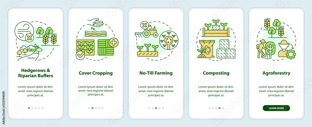 Regenerative agriculture techniques onboarding mobile app screen. Walkthrough 5 steps editable graphic instructions with linear concepts. UI, UX, GUI template. Myriad Pro-Bold, Regular fonts used