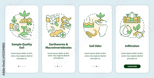 Soil health onboarding mobile app screen. Regenerative agriculture walkthrough 4 steps editable graphic instructions with linear concepts. UI, UX, GUI template. Myriad Pro-Bold, Regular fonts used