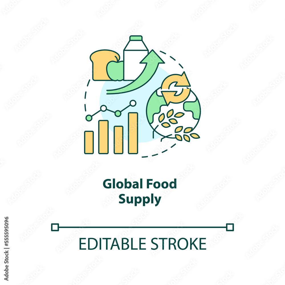 Global food supply concept icon. Nutrition product demand. Regenerative food abstract idea thin line illustration. Isolated outline drawing. Editable stroke. Arial, Myriad Pro-Bold fonts used Global food supply concept icon. Nutrition product demand. Regenerative food abstract idea thin line illustration. Isolated outline drawing. Editable stroke. Arial, Myriad Pro-Bold fonts used
