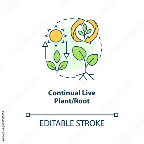 Continual live plant and root concept icon. Principle of regenerative farming abstract idea thin line illustration. Isolated outline drawing. Editable stroke. Arial, Myriad Pro-Bold fonts used