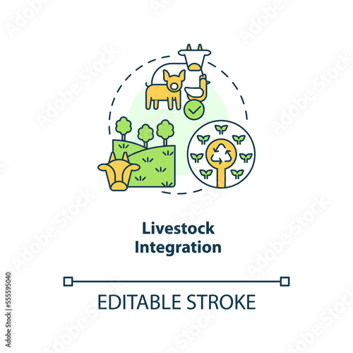 Livestock integration concept icon. Ecosystem. Principle of regenerative farming abstract idea thin line illustration. Isolated outline drawing. Editable stroke. Arial, Myriad Pro-Bold fonts used