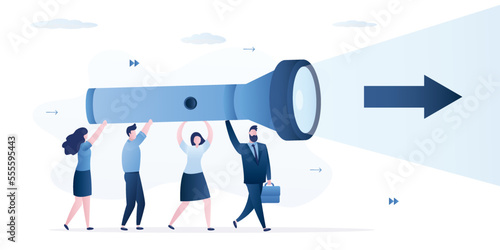 Boss with business team carries big flashlight and lights way to success. Teamwork, people light right direction. Overcoming obstacles, leadership, vision.