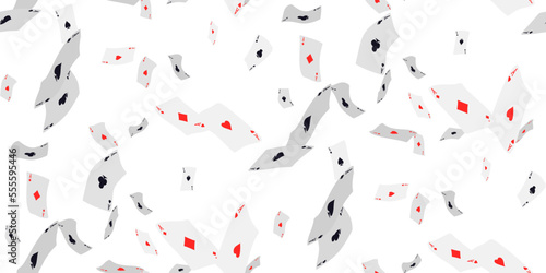 Falling playing cards on white. Seamless pattern with falling playing cards with symbols of diamonds, clubs, hearts and spades. Vector illustration for casino, game design, advertising, ads of parties