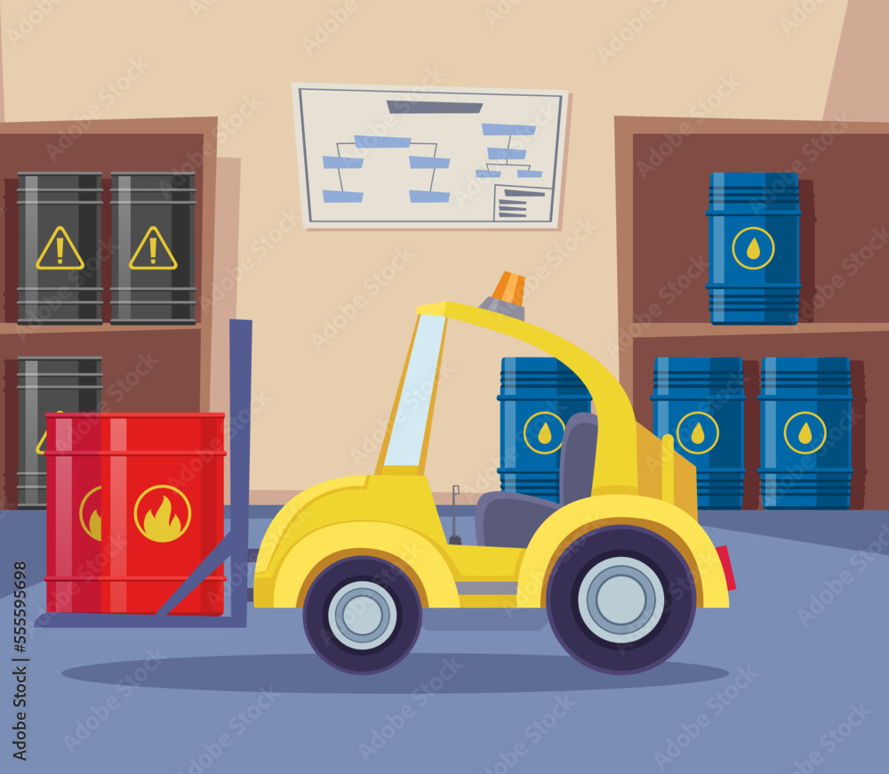 Forklift carrying flammable oil barrels vector illustration. Cartoon drawing of transport in warehouse with containers of dangerous substances. Transportation, logistics, industry concept Forklift carrying flammable oil barrels vector illustration. Cartoon drawing of transport in warehouse with containers of dangerous substances. Transportation, logistics, industry concept