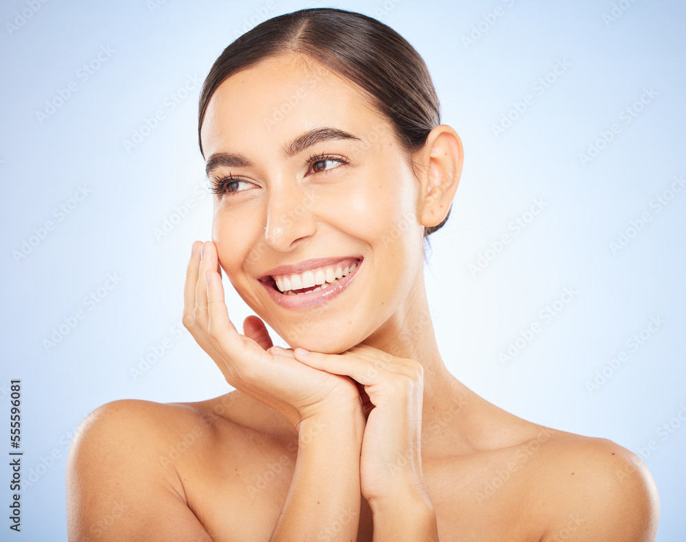 Woman, face and happy thinking of beauty, skincare wellness or luxury salon spa dermatology in blue background. Facial care vision, happiness and model smile with cosmetics glowing skin in studio Woman, face and happy thinking of beauty, skincare wellness or luxury salon spa dermatology in blue background. Facial care vision, happiness and model smile with cosmetics glowing skin in studio