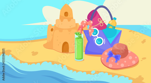 Sandcastle, drink, hat and bag on beach vector illustration. Cartoon drawing of castle out of sand, glass of juice, bag with blanket, fashionable headwear near water. Summer, vacation, holiday concept © PCH.Vector