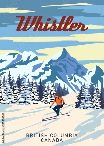 Whistler Travel Ski resort poster vintage. Canada, British Columbia winter landscape travel card