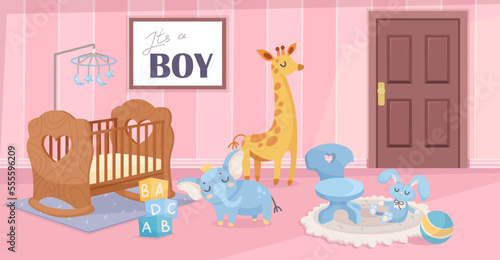 Nursery room interior for newborn boy vector illustration. Cartoon drawing of crib, blue toy animals and alphabet cubes, ball. Childhood, furniture, decoration concept