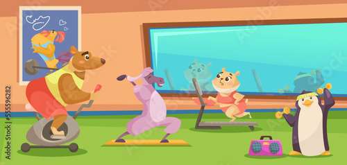 Cute comic animals doing exercises in gym vector illustration. Cartoon drawing of bear, llama, hamster and penguin characters exercising. Healthy lifestyle, fitness, sports, animals concept © PCH.Vector