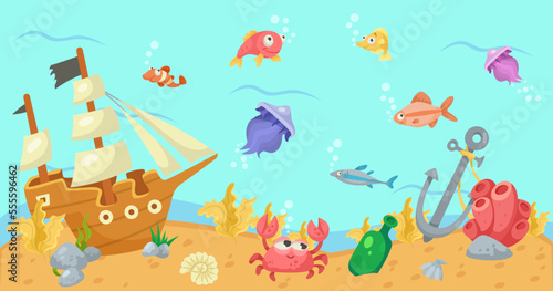 Sea animals and sunken ship underwater vector illustration. Cartoon drawing of cute comic fish, crab, pirate ship on bottom of ocean. Marine life, underwater landscape concept