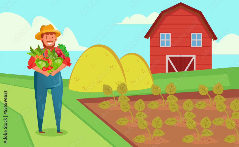 Happy farmer holding vegetables or harvest vector illustration. Cartoon drawing of man in countryside or on farm, standing next to garden, barn, and hay. Farming, agriculture, nature concept