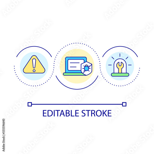 Install antivirus software on computer loop concept icon. Virus removal service abstract idea thin line illustration. Laptop troubleshooting. Isolated outline drawing. Editable stroke. Arial font used
