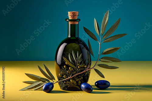 Bottle of olive oil lying on some premium olives. photo