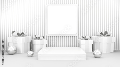 Empty stage with podium and Christmas decorations. Minimal mockup xmas winter scene. Christmas trees and gift boxes on pure white greay background with copy space, front view. 3d render illustration.
