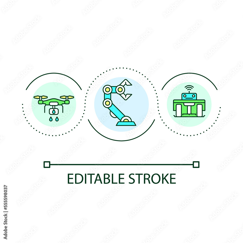 Smart farming devices in IoT loop concept icon. Drones, robotics abstract idea thin line illustration. Precision agriculture. Agribusiness. Isolated outline drawing. Editable stroke. Arial font used Smart farming devices in IoT loop concept icon. Drones, robotics abstract idea thin line illustration. Precision agriculture. Agribusiness. Isolated outline drawing. Editable stroke. Arial font used