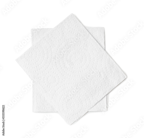 Two folded pieces of white tissue paper or napkin in stack tidily prepared for use in toilet or restroom isolated on white background with clipping path in png file format