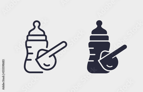 Icons of powdered milk in a spoon and a baby bottle.