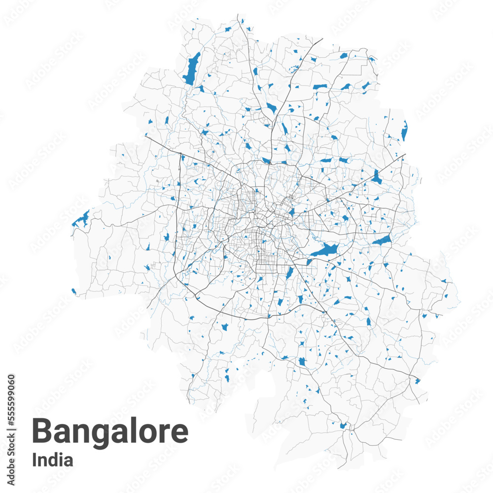 Bangalore map. Detailed map of Bengaluru city administrative area. Cityscape panorama illustration. Road map with highways, streets, rivers.