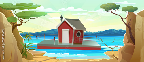 Floating house. Near coast. Dwelling with small courtyard on water. illustration vector.