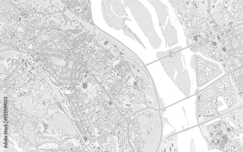 Kyiv city center map with buildings. Dnieper river, forests, roads, railway.