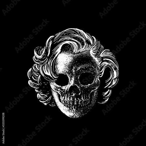 Curly Hair Skull hand drawing vector isolated on black background. photo