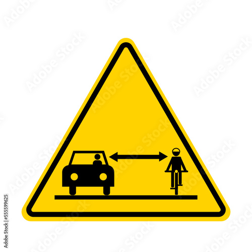 Pass cyclists safely, keep the distance. Warning yellow triangle sign, with car passing a person on a bicycle.
