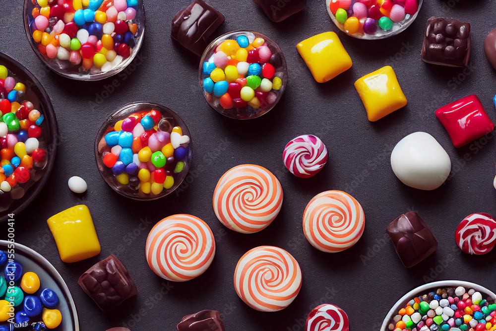 Fototapeta premium Colorful candy on a table, holiday, birthday celebration theme, generative AI