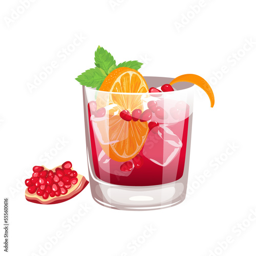 Pomegranate orange punch.Festive cocktail with pomegranate, orange, mint.Vector illustration.