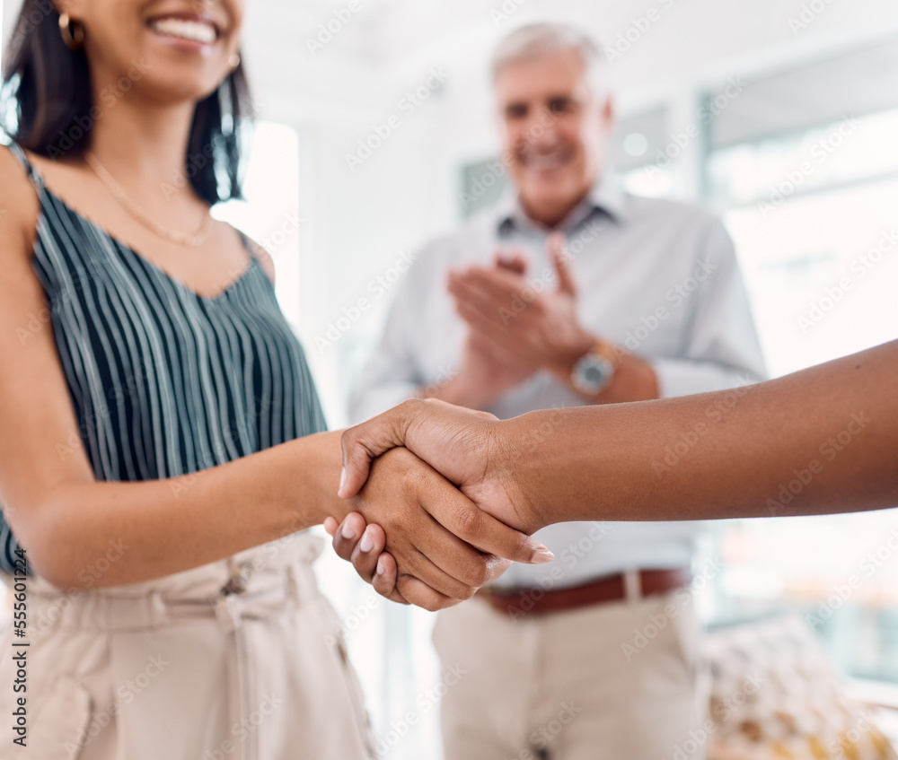 Fototapeta premium Handshake, deal and business partnership agreement with applause at startup office. Shaking hands, thank you and corporate welcome to new recruit or happy partner. Hand shake at recruitment meeting.