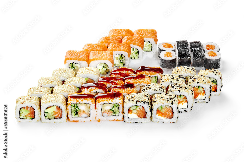 Set of hosomaki and uramaki rolls for friendly sushi party Set of hosomaki and uramaki rolls for friendly sushi party