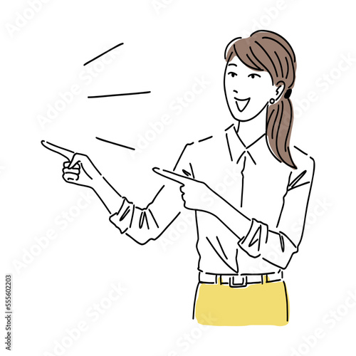 イラスト素材　シンプル　注目　横を指差しで説明をするビジネスパーソン　女性
