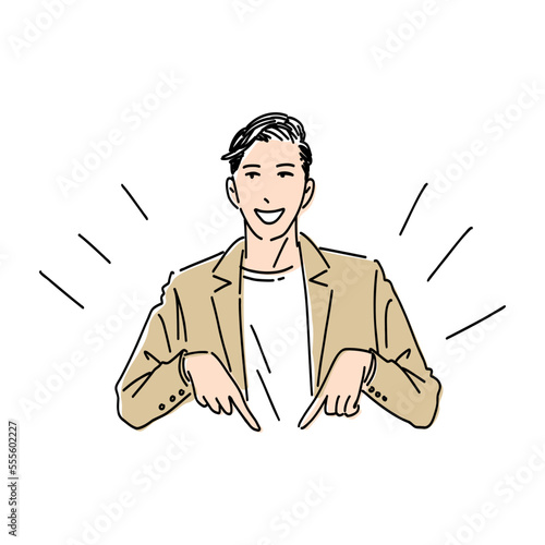 イラスト素材　下を指差しで説明をするビジネスパーソン　男性