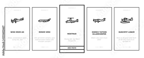 airplane aircraft plane travel onboarding mobile vector. flight transport, transportation air, fly sky, jet business, aviation tourism airplane aircraft plane travel illustrations