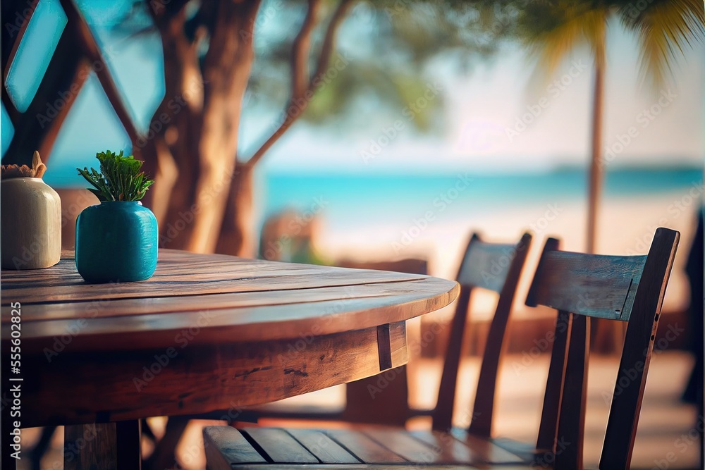 Beachside cafe, beach travel resort image of table and chairs with a bokeh background, tabletop display. Generative AI