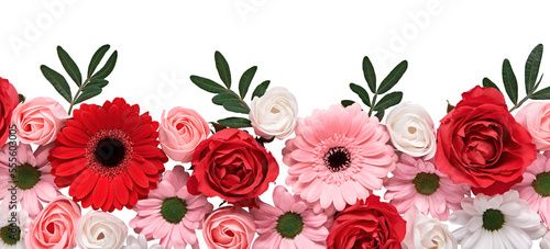 Floral composition of roses and gerberas on transparent background. Arrangement of beautiful flowers