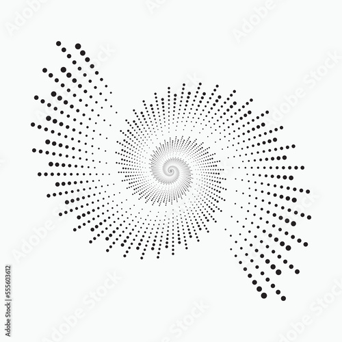 Halftone abstract spiral background. Dotted abstract concentric circle backdrop. Spiral, swirl, twirl halftone design element for various purposes.