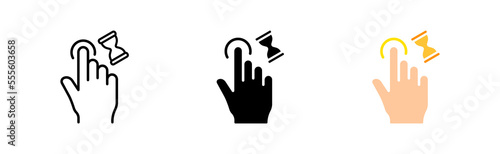 Touch press set icon. Index finger, decrease, increase, approximation, Scrolling, click, arrow, sensor, hourglass. Pressing concept. Vector icon in line, black and colorful style on white background
