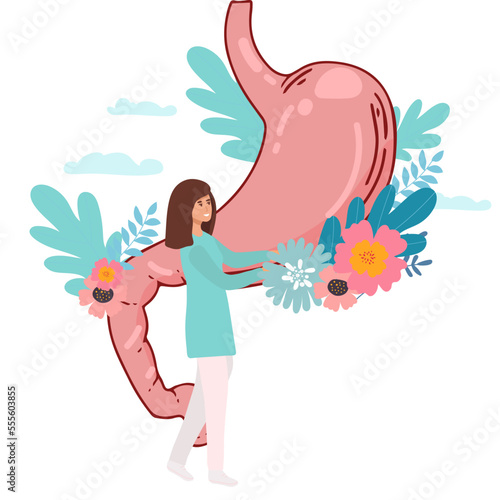 Group of doctors check up human stomach. A doctor holding magnifying glass zoom at stomach, lady Doctor using stethoscope, explaining symptoms and treatment, digestive system, intestinal and gastro
