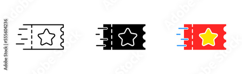 Tickets set icon. Travel, worldwide, discount coupon, star, vip place, leter, email, digital, share, print, cash register. Entertainment concept. Vector icon in line, black and colorful style