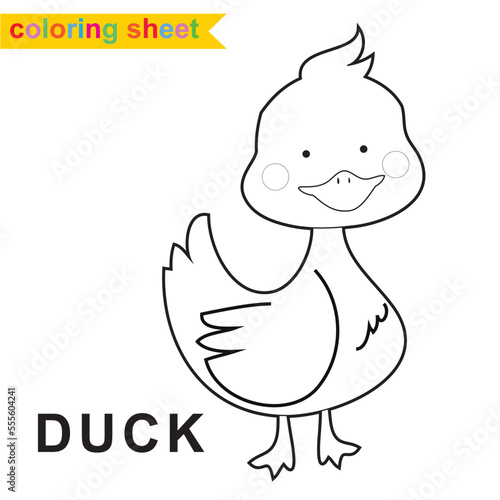 Cute farm animal coloring page. Cute and funny smiling duck cartoon character. Coloring worksheet for preschool children. Vector illustration. The kawaii duck.